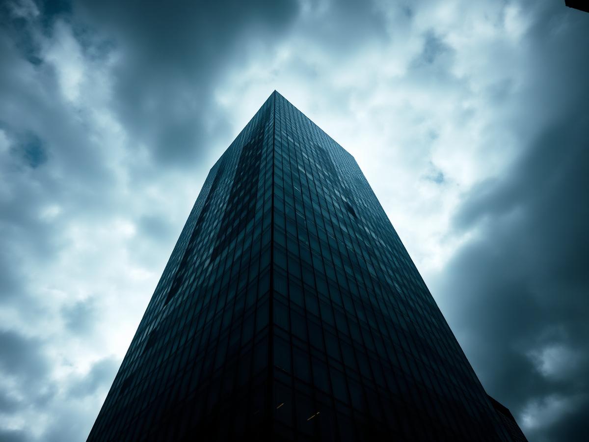 Fachada de edifício alto em vidro visto de baixo para cima