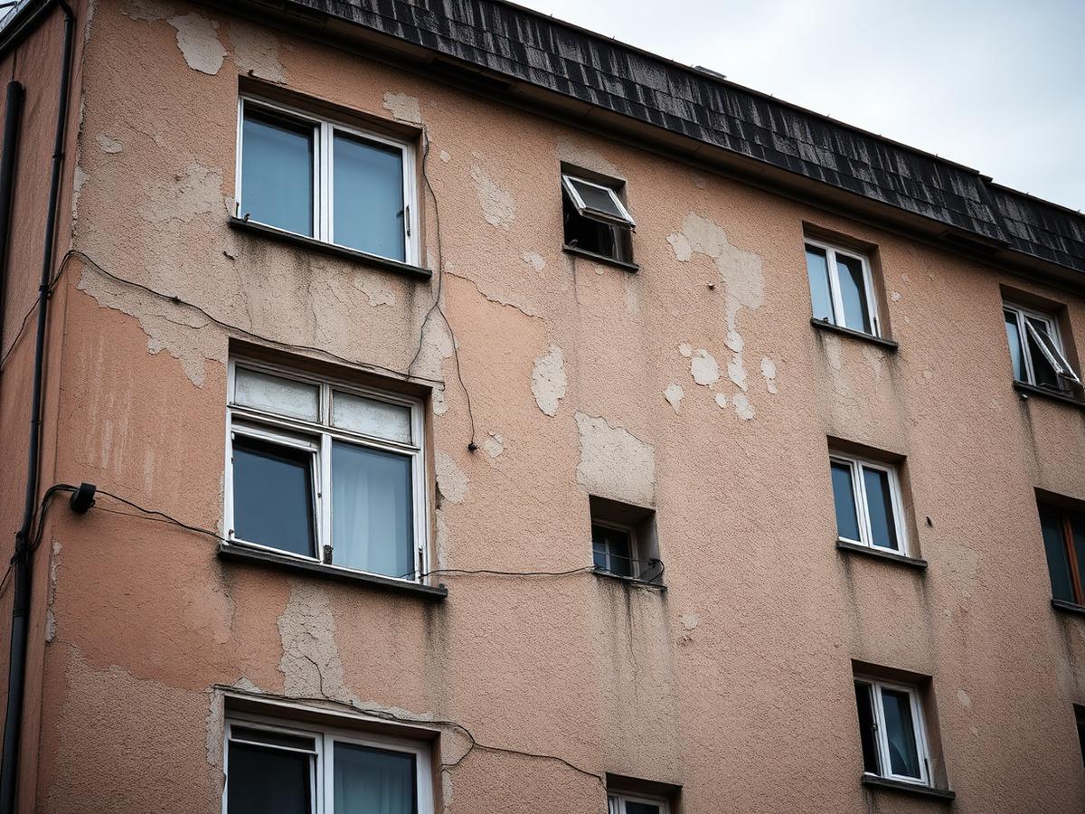 Fachada de edifício degradada, com sujidade e fissuras, antes da intervenção